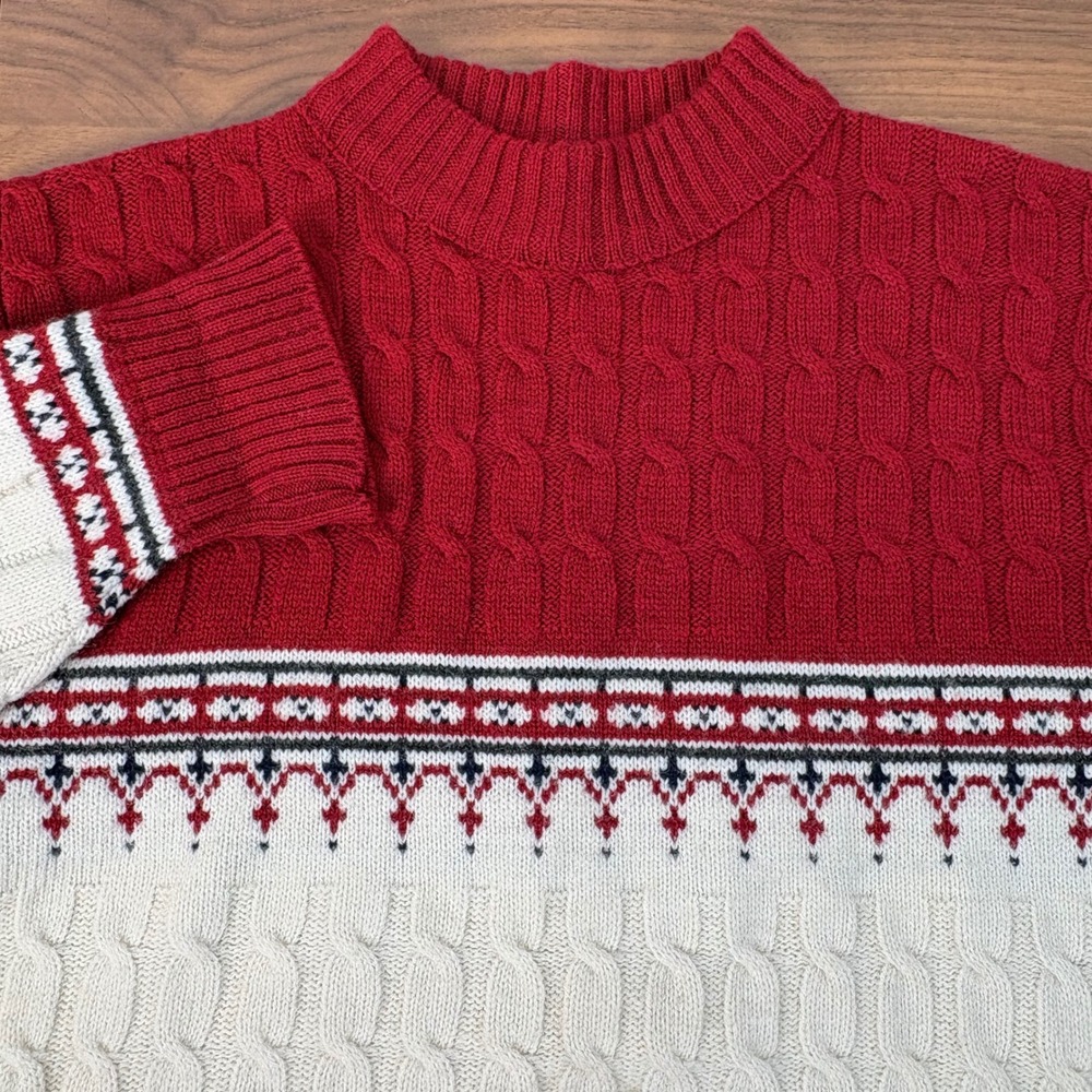 Lord Jeff Vintage 80s Mens Red Cream Cable Knit Fair Isle Sweater L Nordic Cabin